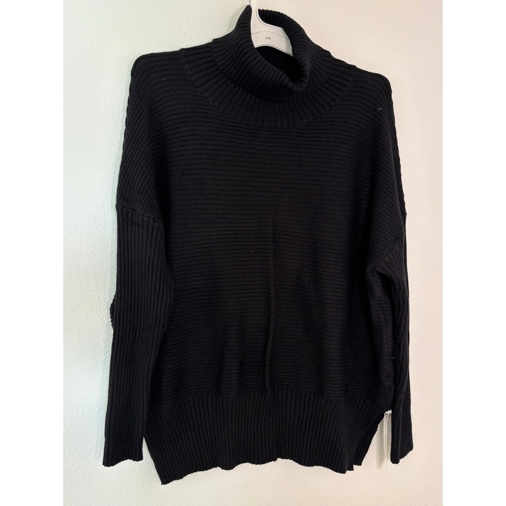 Lillusory Womens Black Ribbed Turtleneck Sweater Oversized Side Slit Pullover M